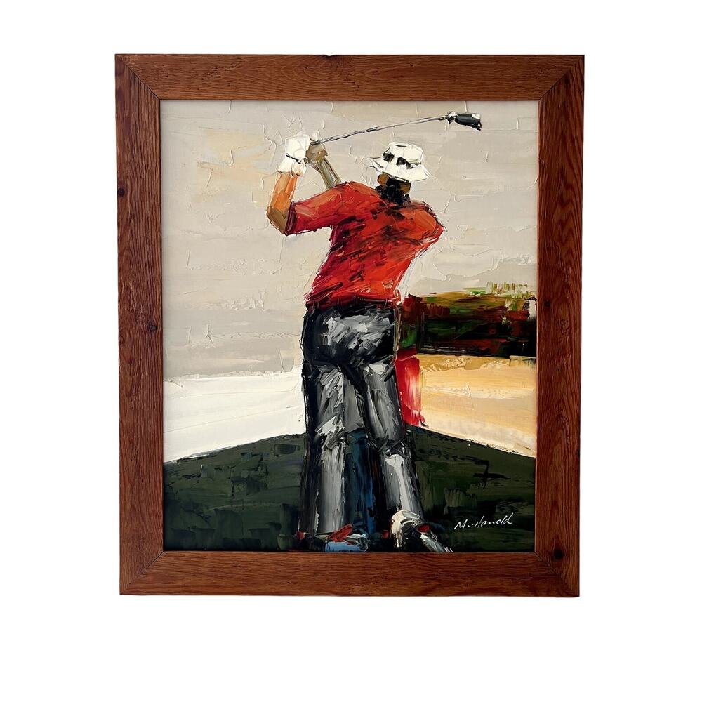 Golfer Golf Oil On Canvas M. Harold Framed Excellent Condition